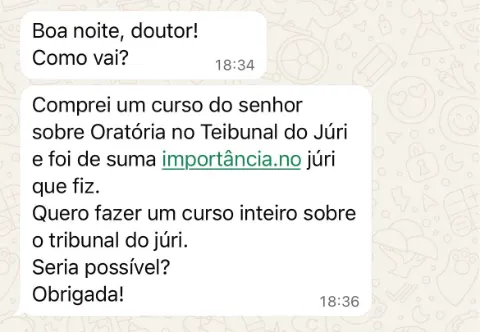 Mensagem de aluna agradecendo pelo curso de oratória no júri