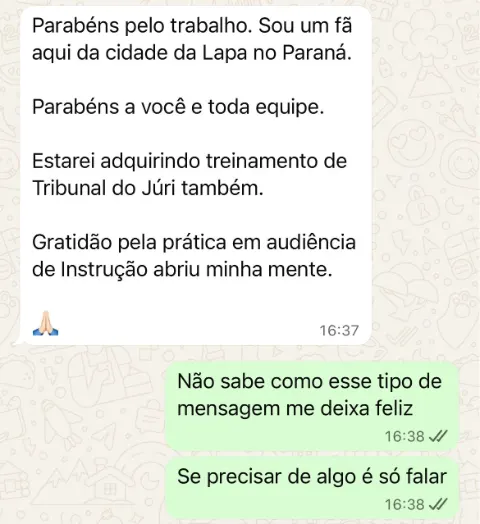 Aluno da Lapa/PR agradece e vai adquirir o treinamento de Tribunal do Júri